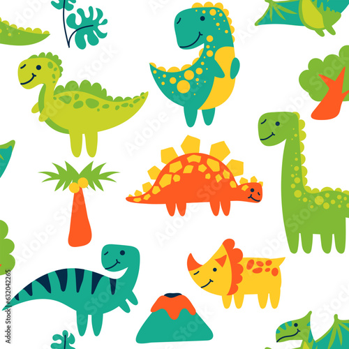 Vector seamless color repeating pattern with dinosaurs and tropical elements in a bright cartoon style. Children s seamless pattern with hand-drawn dinosaurs. Vector illustration of dinosaurs