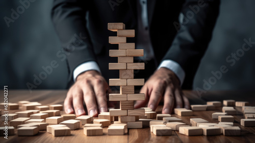 Planning, risk and strategy in business, businessman gambling placing wooden block on a tower. Created with Generative AI technology.