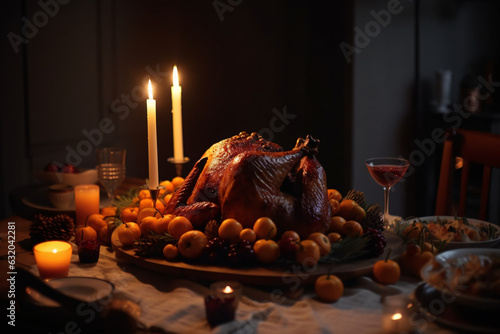 Autumn celebration with flame-roasted chicken dinner on illuminated table