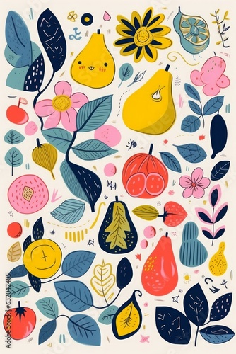 Collection of colorful doodles with summer fruits lemon, pear, flowers and leaves, Generative AI
