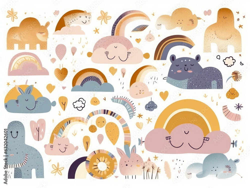 Fototapeta premium Decorative abstract art collection with modern rainbows, funny animals baby and clouds. Hand-drawn modern illustration. Baby trendy decorative, Generative AI