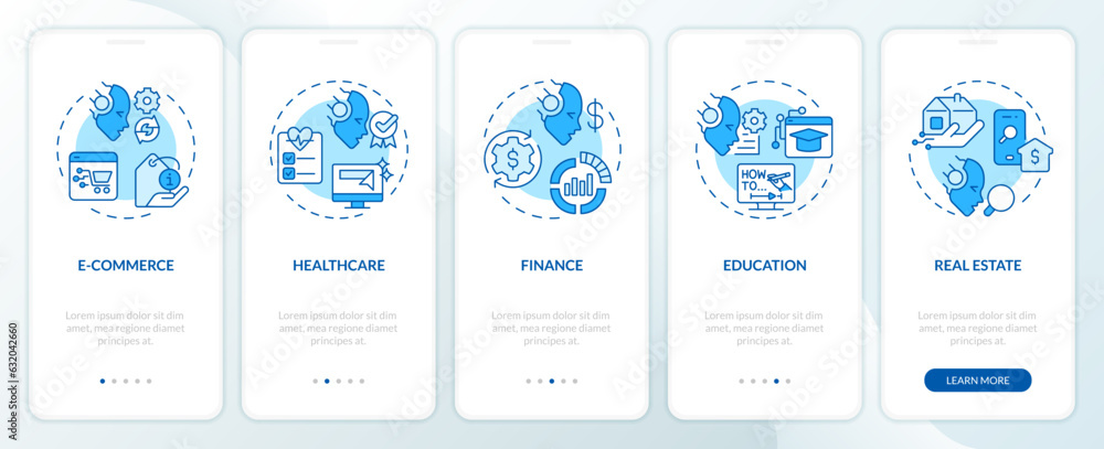 2D icons representing AI for SEO mobile app screen set. Walkthrough 5 steps blue graphic instructions with linear icons concept, UI, UX, GUI template.