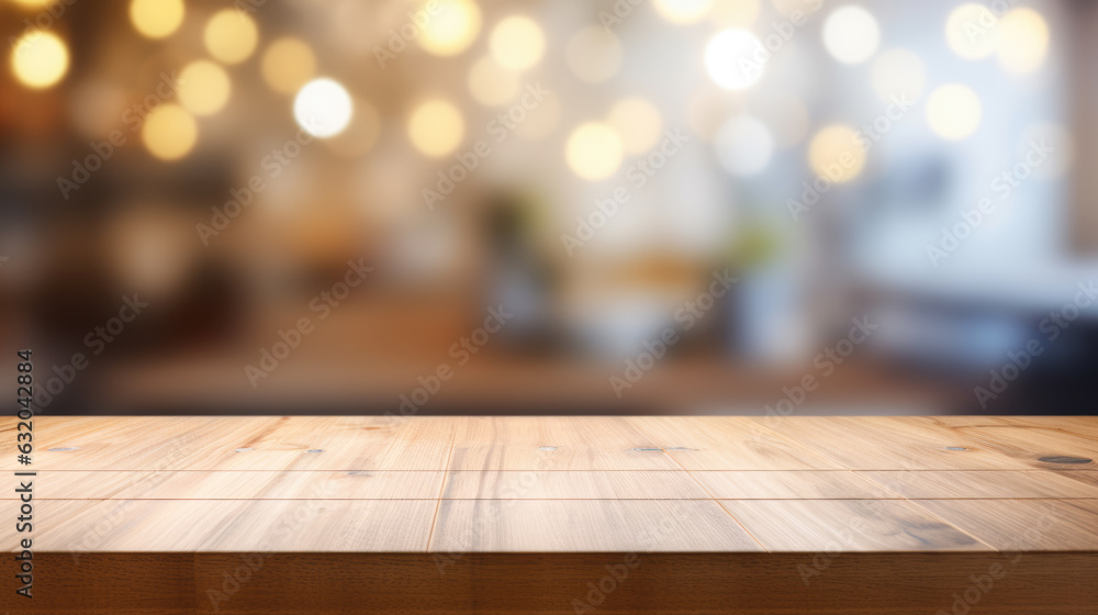 Wooden board blank table in front of a blurry background. Created with Generative AI technology. Wooden board blank table in front of a blurry background. Created with Generative AI technology.