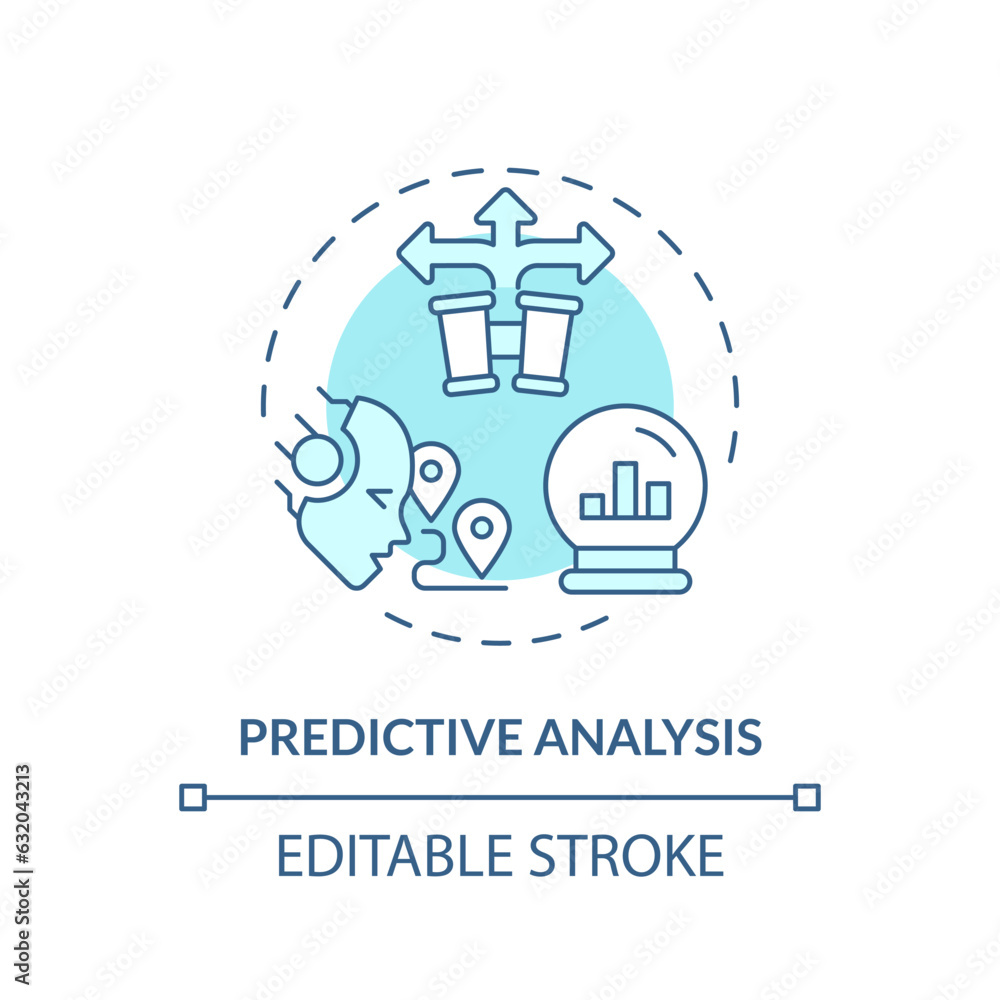 Editable predictive analysis icon concept, isolated vector, AI for SEO blue thin line illustration. Editable predictive analysis icon concept, isolated vector, AI for SEO blue thin line illustration.