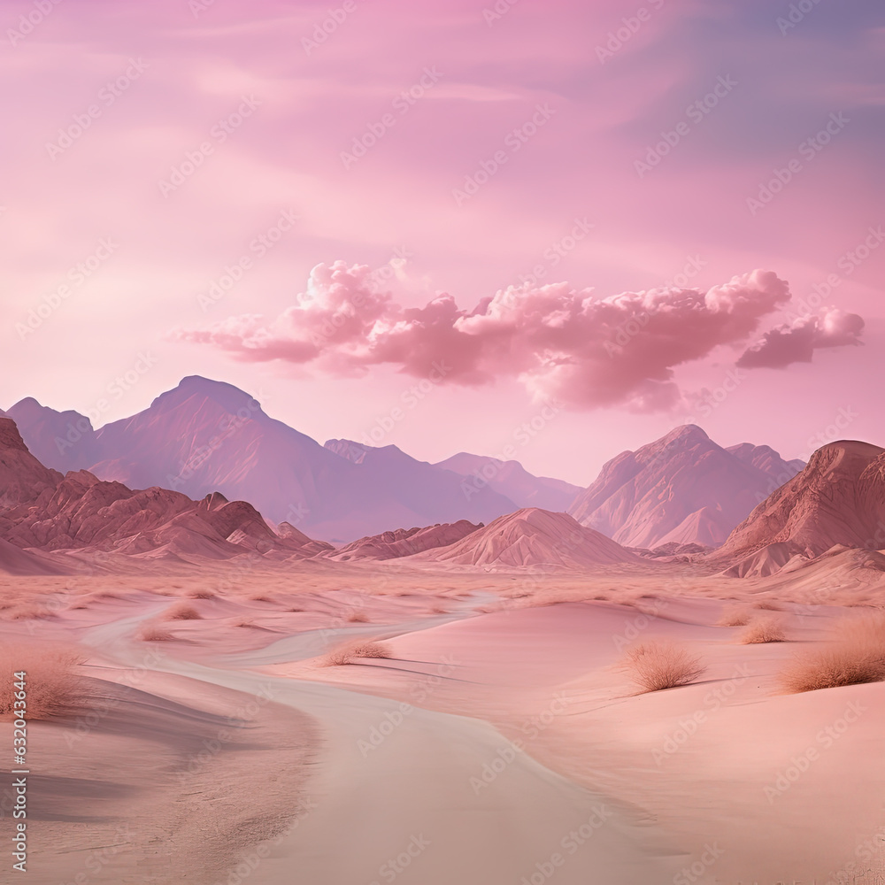 Naklejka premium Futuristic pink landscape with mountains and road. AI generated