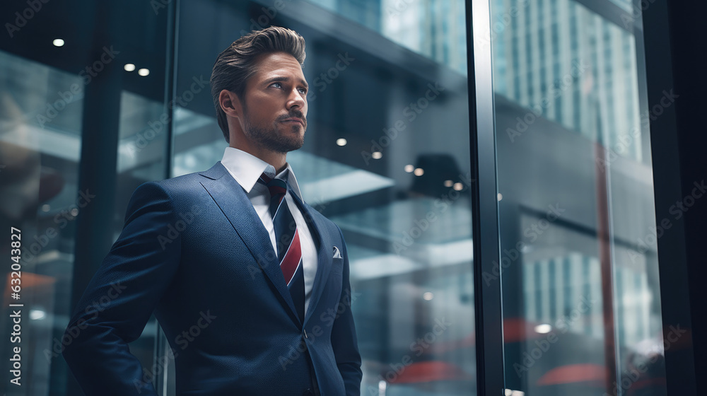 Naklejka premium Confident CEO Posing by Glass Window