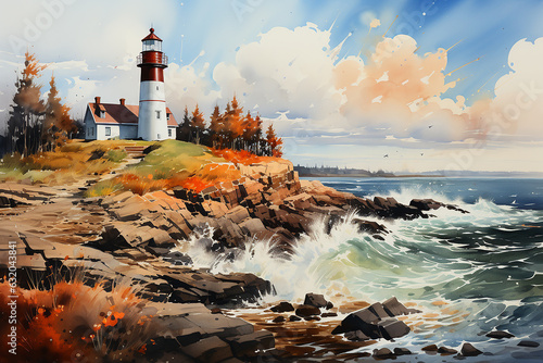 watercolor art of A majestic lighthouse overlooking