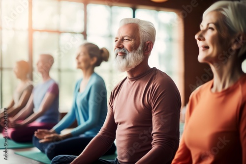 A group of diverse old athletic retirees in tracksuits doing yoga in a yoga class at a retreat center