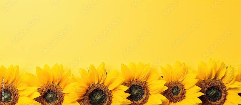 Naklejka premium Sunflowers with a yellow color are pictured against a background suitable for adding text. showcases the beauty of fresh sunflowers, and provides a flat lay perspective from the top. autumn or summer