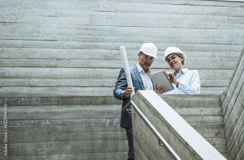 Smiling architects having discussion over tablet PC on staircase photo