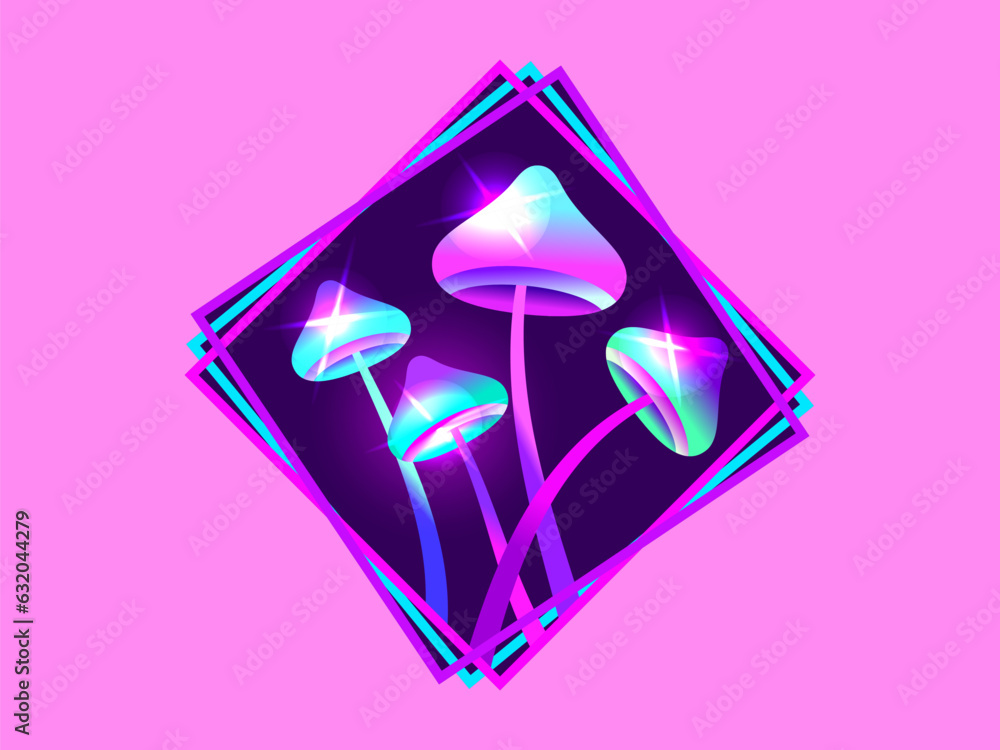 Magic mushrooms in a square frame. Fairy mushrooms with a bright glow. Fabulous fluorescent glowing mushrooms. Bioluminescent fungus. Design for poster and banner. Vector illustration Magic mushrooms in a square frame. Fairy mushrooms with a bright glow. Fabulous fluorescent glowing mushrooms. Bioluminescent fungus. Design for poster and banner. Vector illustration