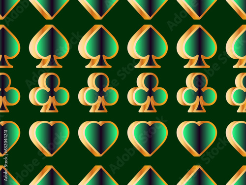 Seamless pattern with card suits: diamonds, hearts, clubs, spades in 3d style. Isometric card suits in gold color with green gradient. Design of printing, advertising and banners. Vector illustration