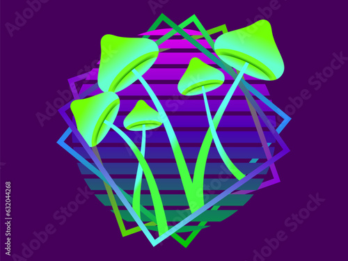 Retro sci-fi bioluminescent mushrooms from the 80s at sunset in a square frame. Futuristic fluorescent glowing mushrooms on a long stalk. Bioluminescent fungi glow green color. Vector illustration