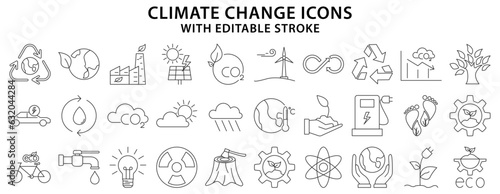 Climate Change Icons. Set Icon About Climate Change. Climate Change Line Icons. Vector Illustration. Editable Stroke.