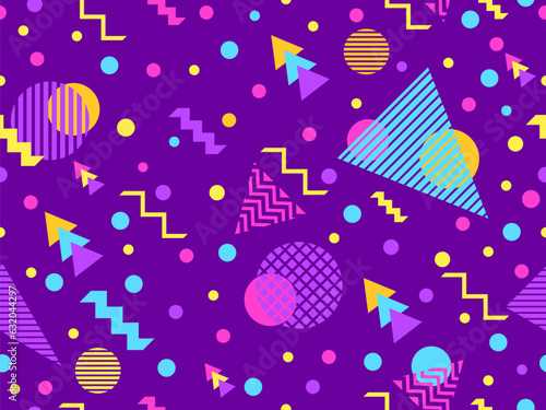 Memphis seamless pattern with geometric shapes in 80s style. Colorful geometric pattern. Design of promotional products, wrapping paper and printing. Vector illustration