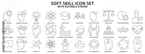 Soft Skill Icons. Set icon about Soft Skills. Soft skills line icons. Vector illustration. editable stroke.