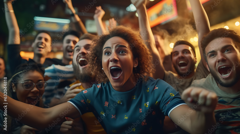 A crowd of sports fans cheers during a match at the stadium. Created with Generative AI technology.