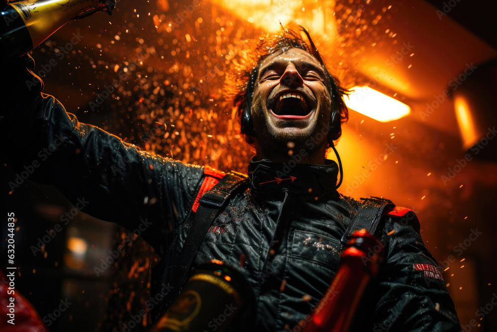 Dramatic Champagne Celebration: Race Car Driver's Victory Dramatic Champagne Celebration: Race Car Driver's Victory