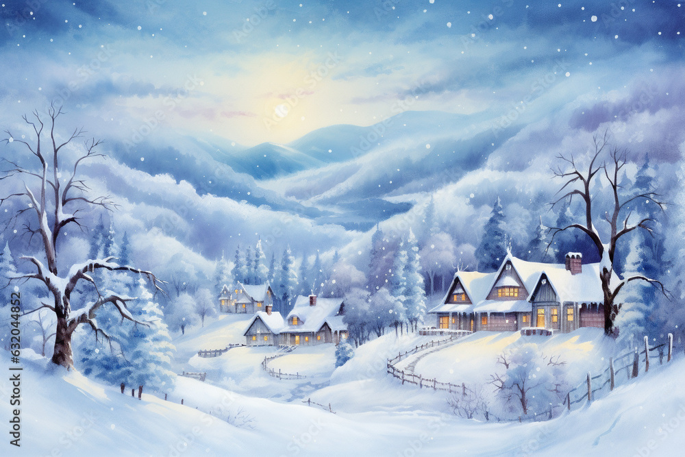 Watercolor Seasons: Snow-Covered Village. Generative AI