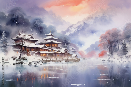 Watercolor Seasons  Snow-Covered Village. Generative AI