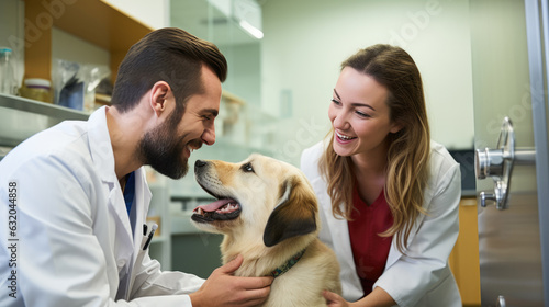 Group of Veterinarians examines the dog at the clinic. Created with Generative AI technology. © MP Studio