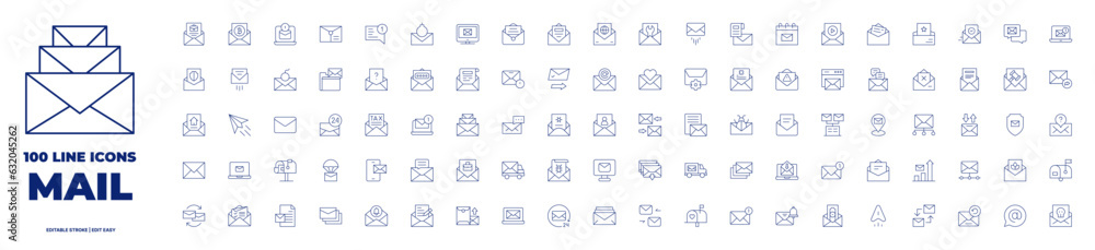 100 icons Mail collection. Thin line icon. Editable stroke. Easy edit.
