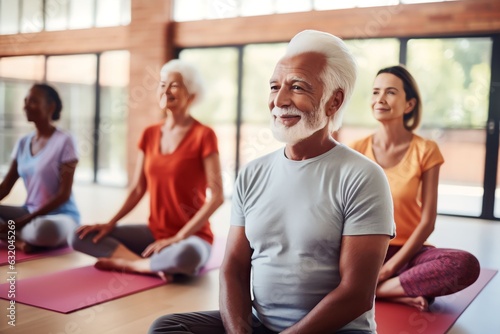 A group of diverse old athletic retirees in tracksuits doing yoga in a yoga class at a retreat center