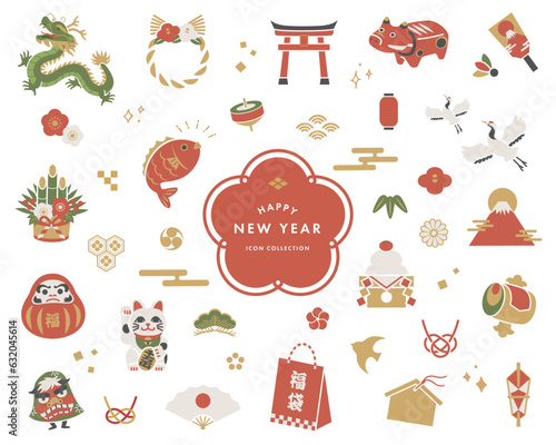 日本の正月の縁起物のアイコンコレクション。和風の素材集。