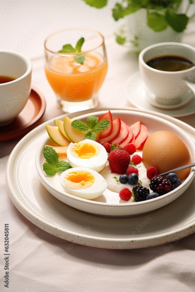 Desayuno aesthetic con fruta yogur huevo y café Desayuno aesthetic con fruta yogur huevo y café