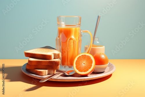 Zumo de naranja natural con tostadas de pan sobre fondo colores pastel photo