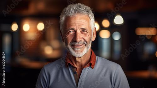 Handsome old man smiling on blurred background. Created with Generative AI technology.