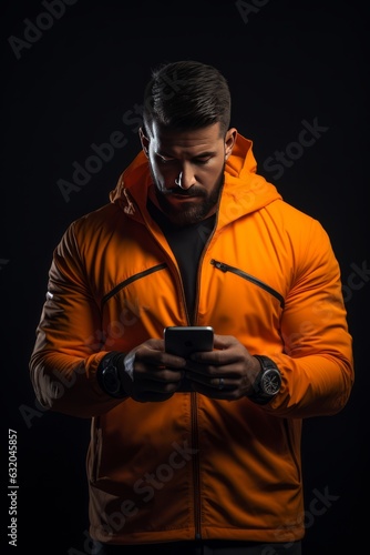 hombre fitness mirando el móvil en un fondo negro, hombre vestido de deporte musculado mirando el teléfono vestido de naranja