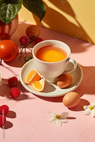 Zumo de naranja aislado sobre fondo pastel con frutas, desayuno con zumo de naranja y fruta