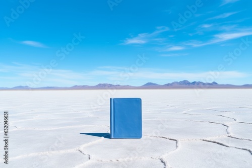 Mockup libro azul en el salar de Uyuni en Bolivia, mockup libro en un desierto de sal, mockup libreta en paisaje natural,  photo