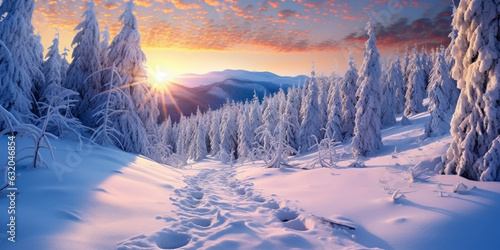 Beautiful snowy winter landscape panorama with forest and sun. Winter sunset in forest panoramic view. sun shines through snow covered trees. Generative AI. © PEPPERPOT