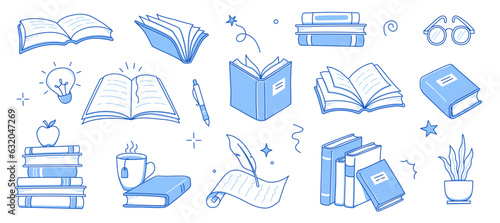 Book stack sketch set. Hand drawn sketch doodle style line book stack. Library, reading, school doodle concept icon background. Blue pen line style stroke. Vector illustration