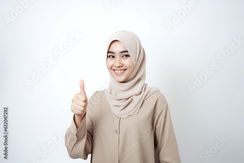 Hijab woman with thumbs up gesture isolated on white background