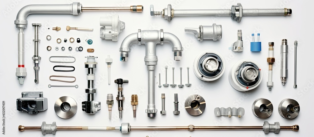A collection of plumbing fixtures for a bathroom or shower is presented on a white background. is taken from a top-down perspective, providing a flat lay view. empty space available for adding text. A collection of plumbing fixtures for a bathroom or shower is presented on a white background. is taken from a top-down perspective, providing a flat lay view. empty space available for adding text.