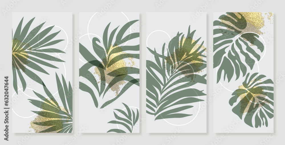 Luxury gold foliage wall art vector. Leaves, organic shapes, earth tone colors, tropical leaf in hand drawn style. Watercolor wall decoration collection design for interior, poster, cover, banner. 