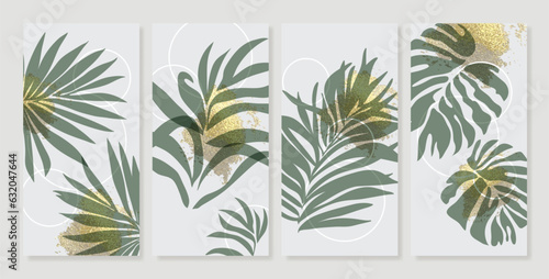 Luxury gold foliage wall art vector. Leaves, organic shapes, earth tone colors, tropical leaf in hand drawn style. Watercolor wall decoration collection design for interior, poster, cover, banner.  © TWINS DESIGN STUDIO