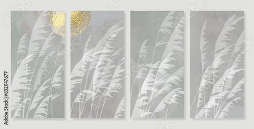 Luxury gold foliage wall art vector. Leaves, organic shapes, earth tone colors, tropical leaf in hand drawn style. Watercolor wall decoration collection design for interior, poster, cover, banner. 
