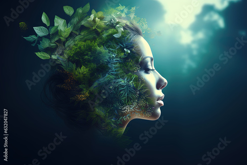 Concept of transcendental meditation and concentration, relaxed digital art of woman's profile face which blends into nature and thinks of it. FHD Wallpaper © Martin1080