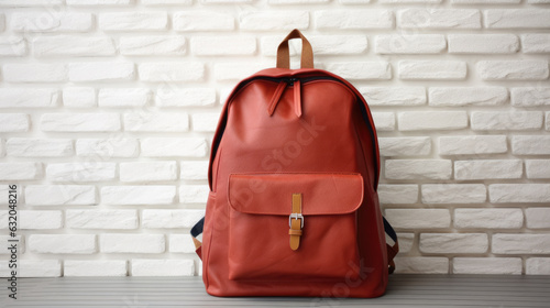 Back to school concept. Backpack with school supplies on white brick wall background. Copy space. Created with Generative AI technology.
