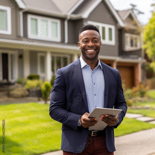 Black real estate agent in front of a house on sale. Generative AI.