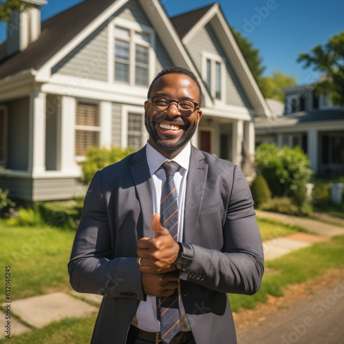 Black real estate agent in front of a house on sale. Generative AI.