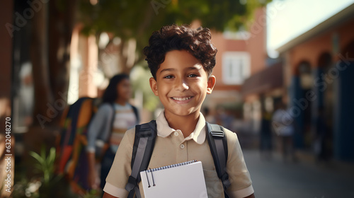 Little schoolboy stands outside the school with a backpack on his back. Back to school. Created with Generative AI technology.