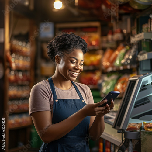 Store worker using the mobile to see the finances of the business. Generative AI.