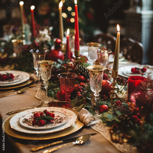 Table decorated at Christmas. Generative AI.