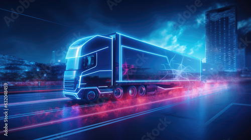 Futuristic truck with neon lights on night road.Created with Generative AI technology.