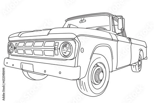 Vintage American Pickup from the 1960s line art vector illustration